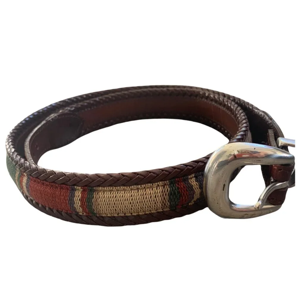 Vintage Boho Southwestern Woven Silver Buckle Belt 38
